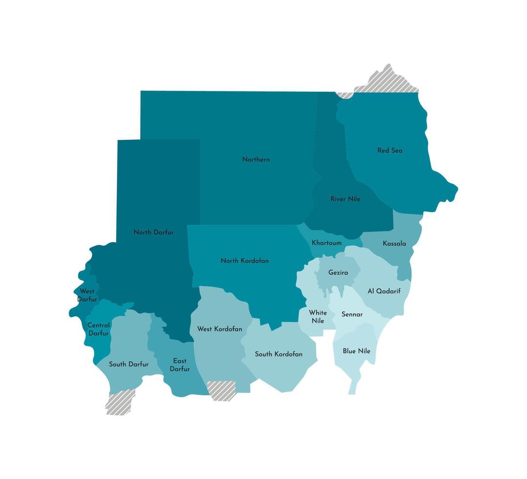isolated illustration of simplified administrative map of Sudan. Borders and names of the regions. Colorful blue khaki silhouettes vector