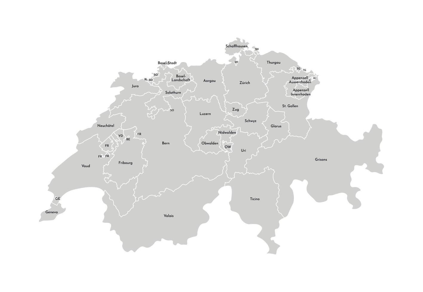 isolated illustration of simplified administrative map of Switzerland. Borders and names of the provinces, regions. Grey silhouettes. White outline vector