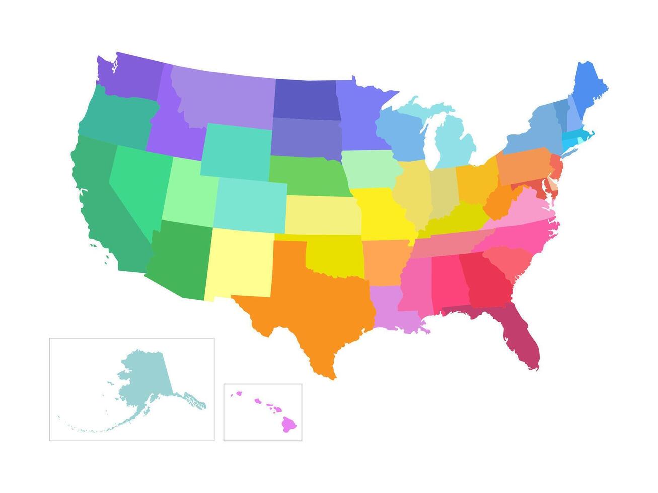 isolated illustration of simplified administrative map of USA, United States of America. Borders of the states, regions. Colorful silhouettes. vector