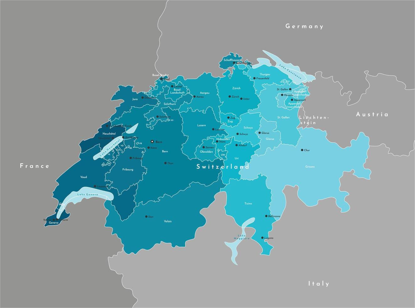 modern illustration. Simplified administrative map of Switzerland and borders neighboring countries. Light blue shapes of lakes. Names of swiss cities and regions, cantons vector