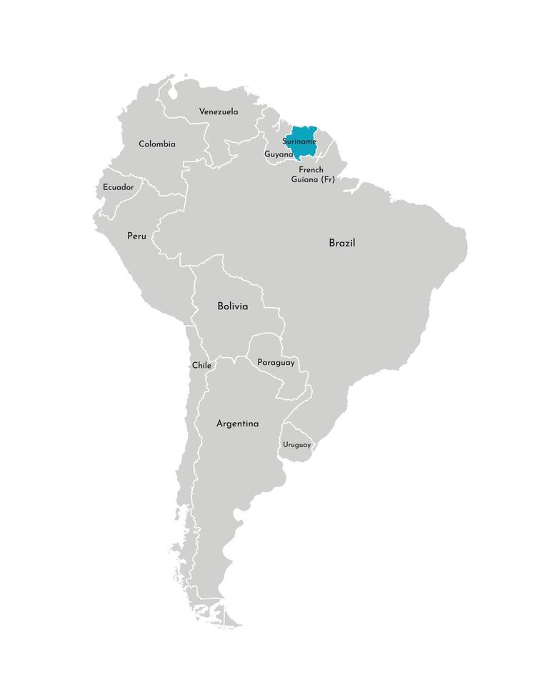 illustration with simplified map of South America continent with blue contour of Suriname. Grey silhouettes, white outline of states border. vector