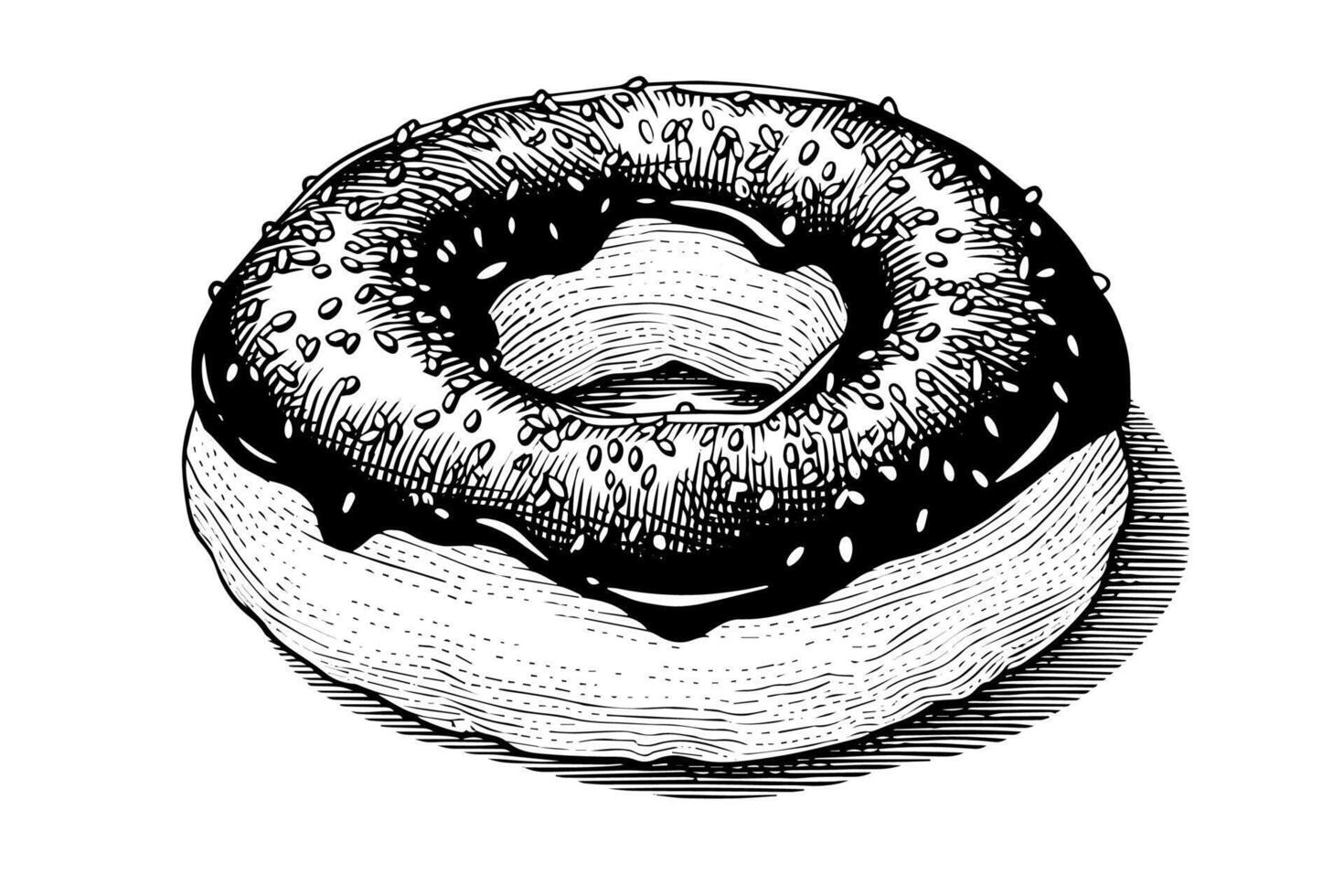 Tasty chocolate donut engraving style. Hand drawn ink sketch illustration. vector
