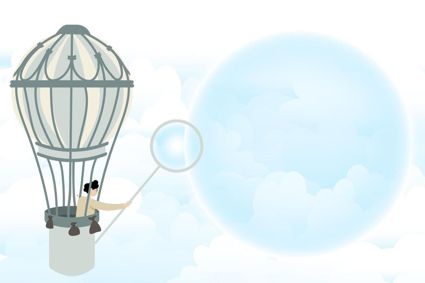 A magician in a hot air balloon makes circles in the cloudy blue sky vector