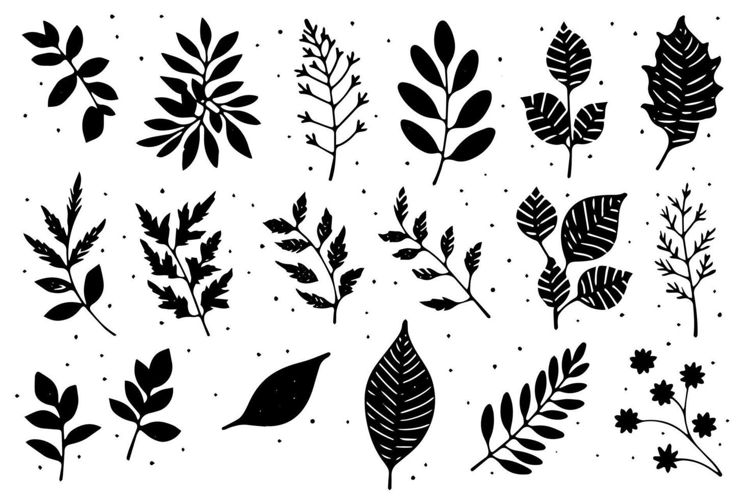 Set of lino cut stamp black leaves and branch imprints on white background. Hand drawn floral elements. vector