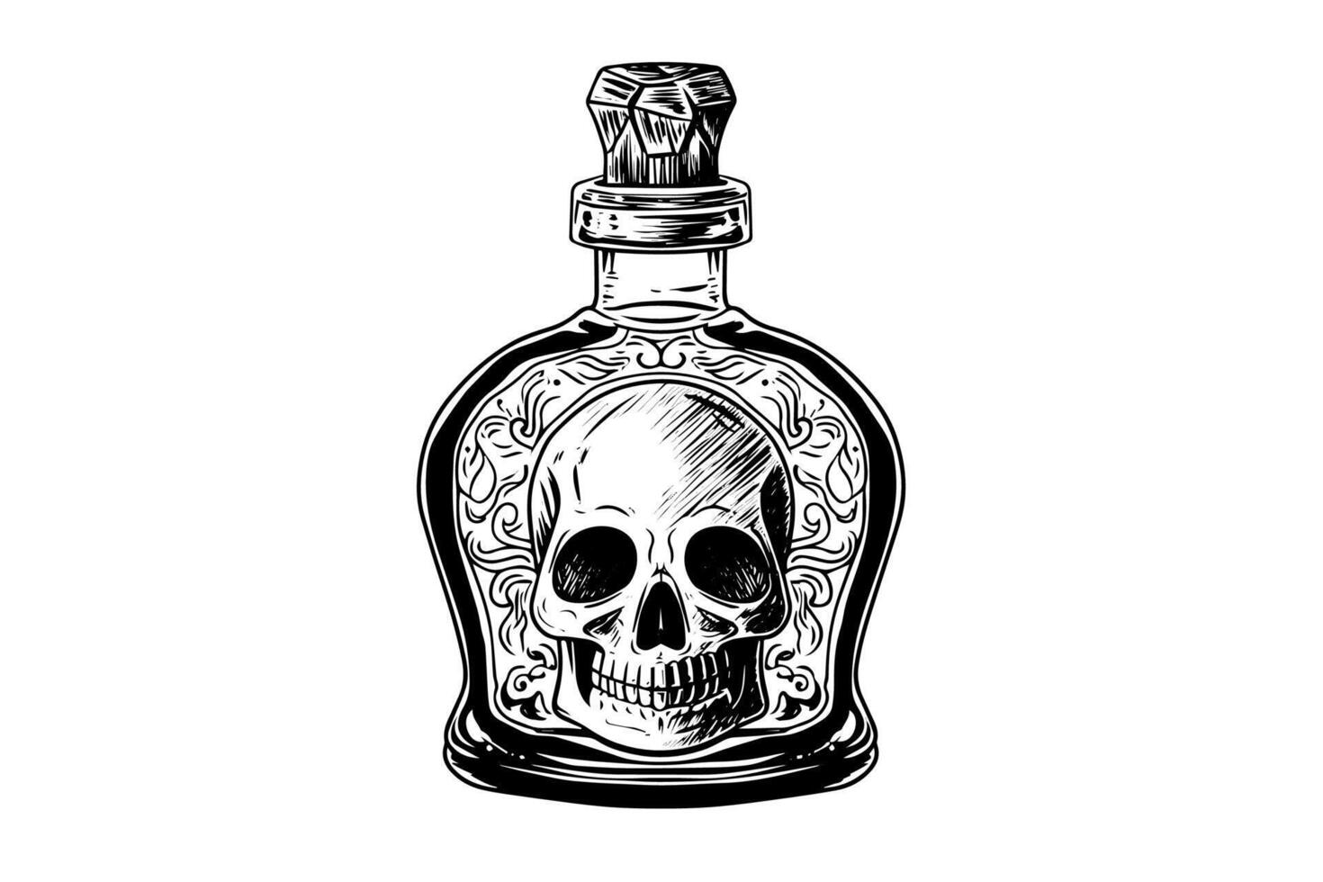 Halloween bottle with scull inside hand drawn ink sketch. Engraved style illustration. vector