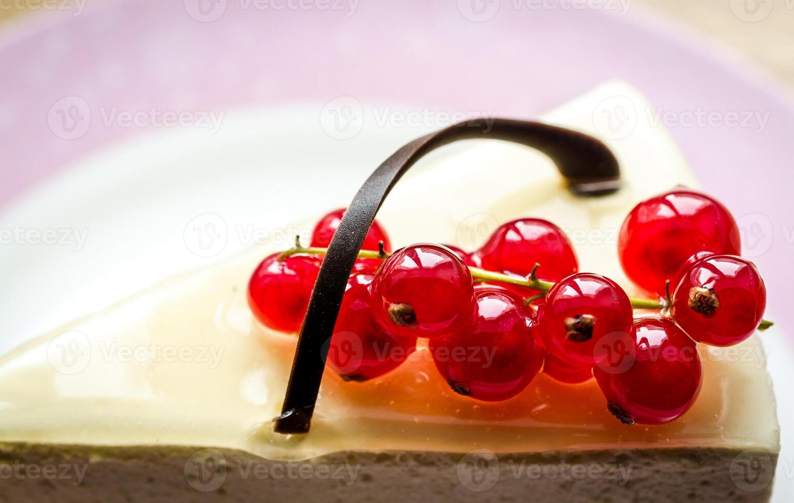 Cheesecake with redcurrant closeup photo