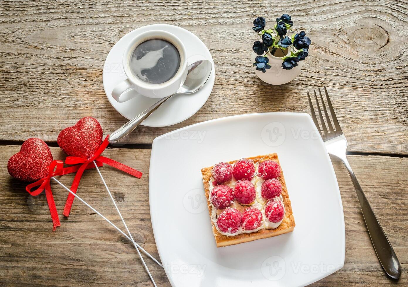 Raspberry cake flat lay photo