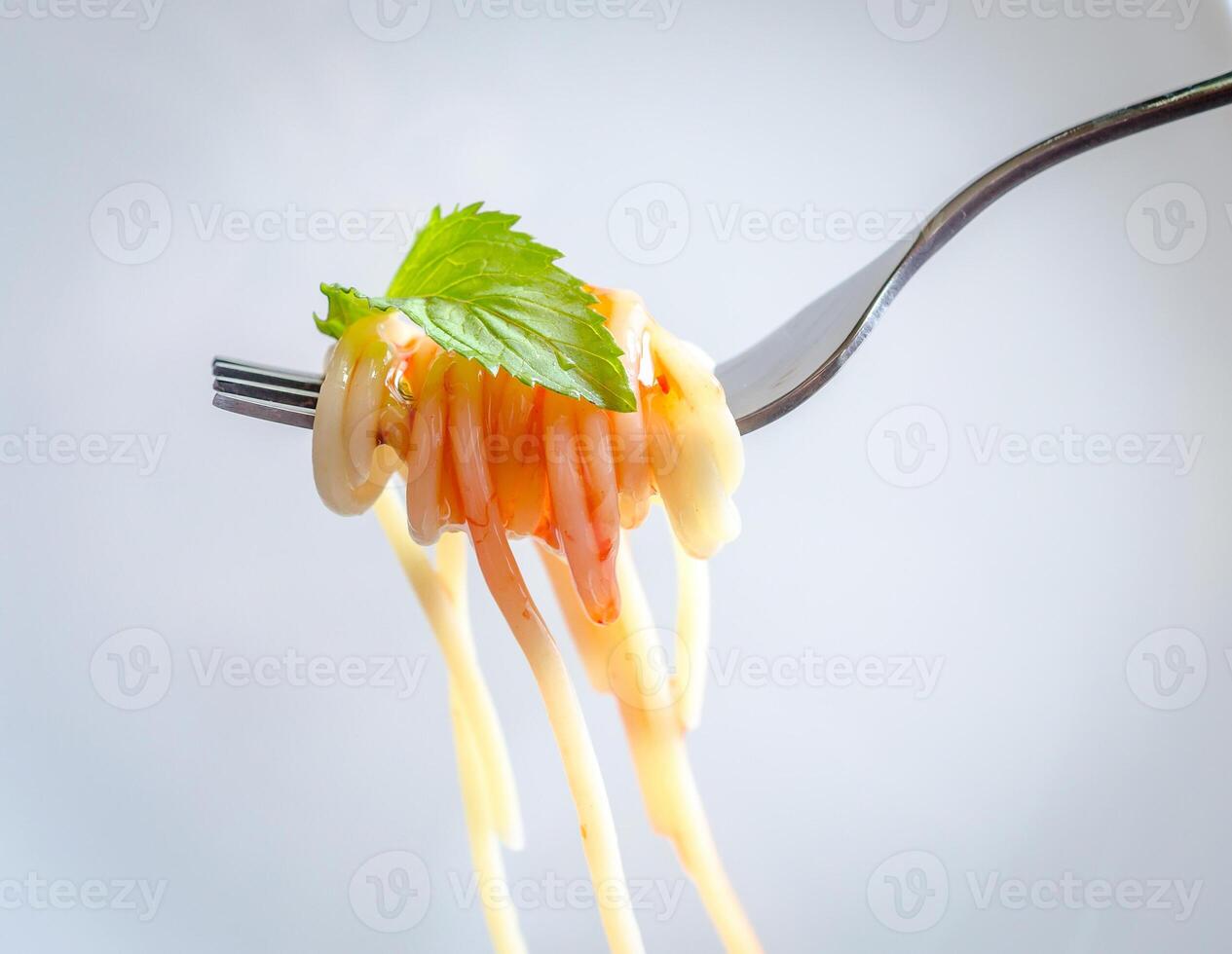 Cooked spaghetti on the fork photo
