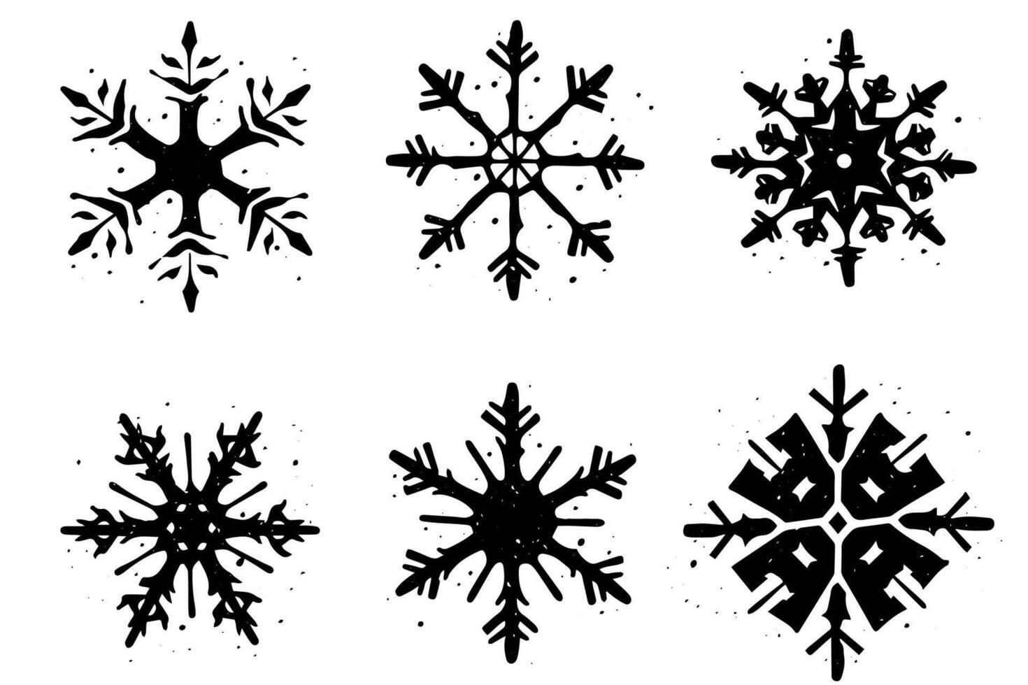 Grunge lino cut snowflakes stamps collection pack. Distressed textures set. Blank geometric shapes. Illustration. vector