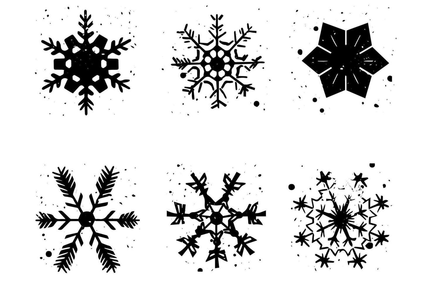 Grunge lino cut snowflakes stamps collection pack. Distressed textures set. Blank geometric shapes. Illustration. vector
