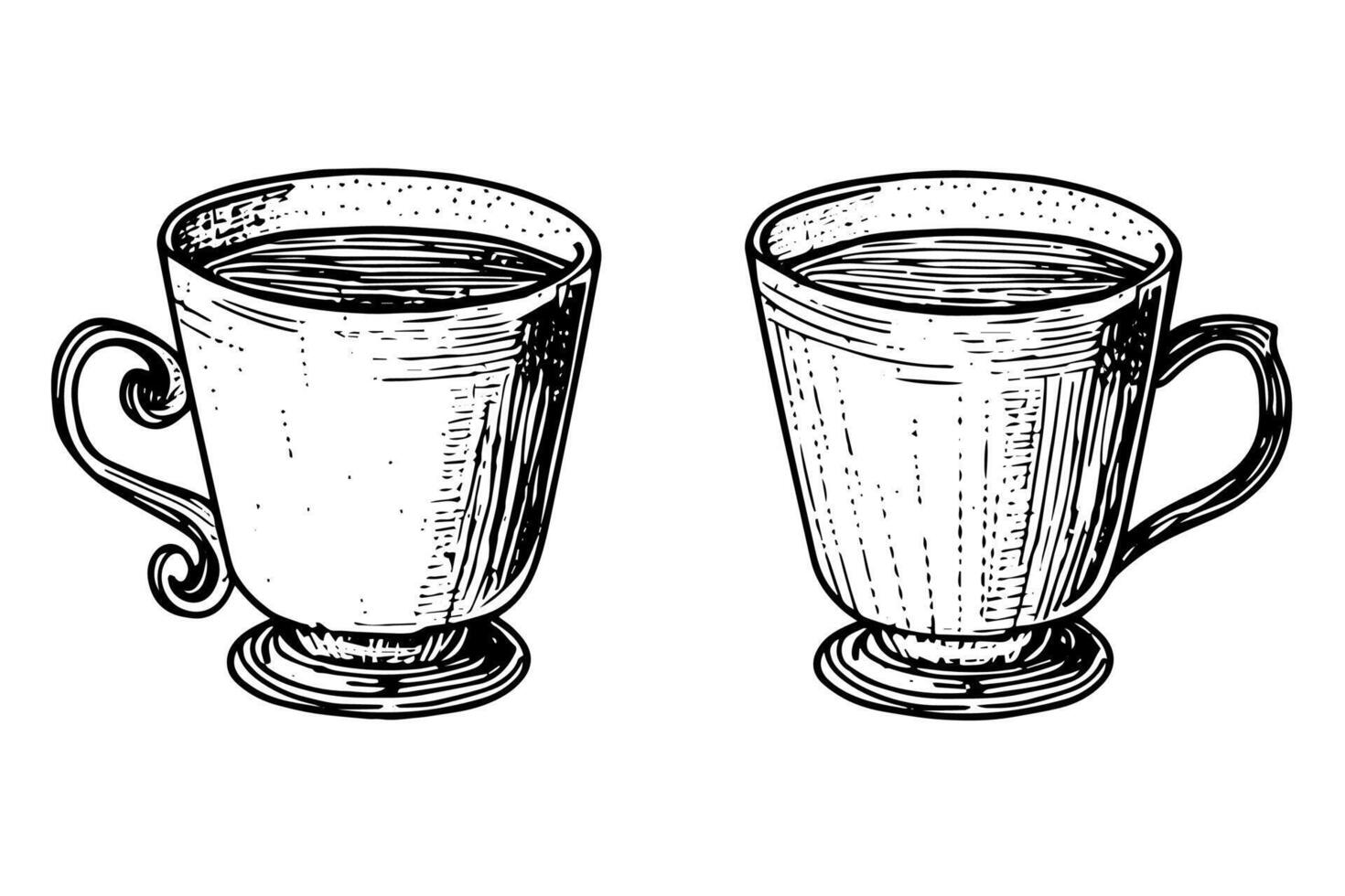Set of vintage cups or mugs hand drawn ink sketch. Engraved style illustration. vector