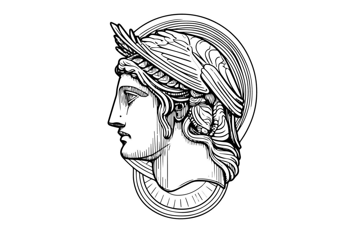 Hermes head hand drawn ink sketch. Engraved style illustration. vector