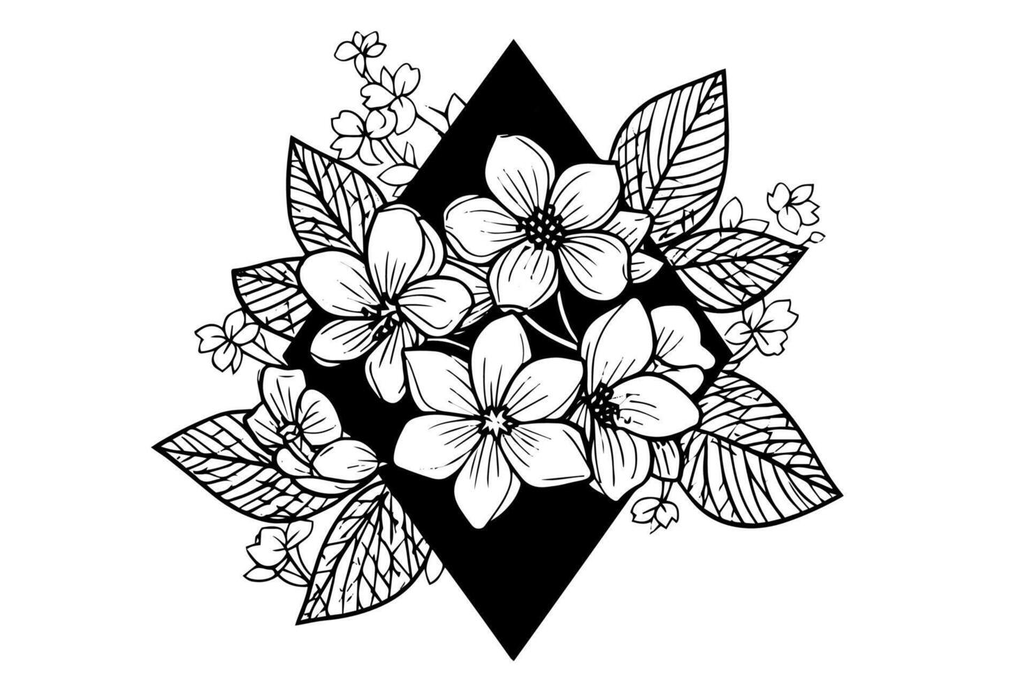 Sakura flower logotype hand drawn ink sketch. Engraved style illustration. vector