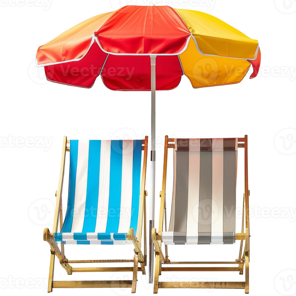 Beach chairs with summer beach umbrellas, transparent background png