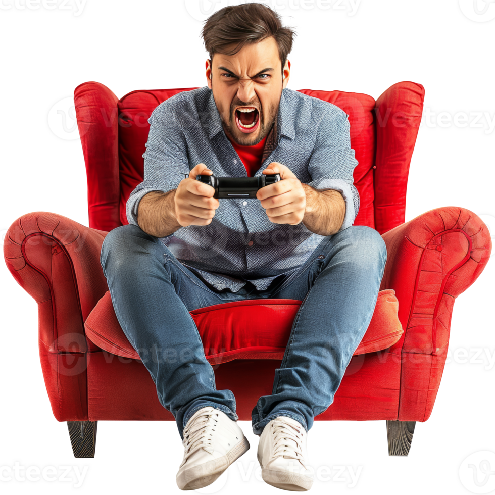 Mann Sitzung während spielen Spiel mit wütend Ausdruck, transparent Hintergrund png