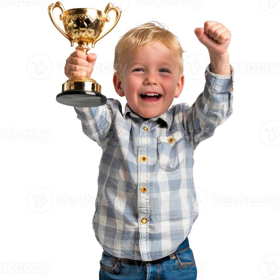 Little boy holding trophy happily, transparent background png