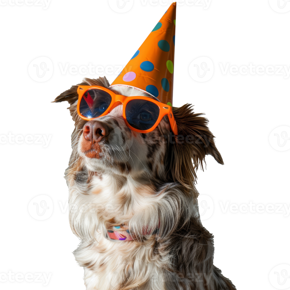 Cute dog with sunglasses and party cone hat, transparent background png