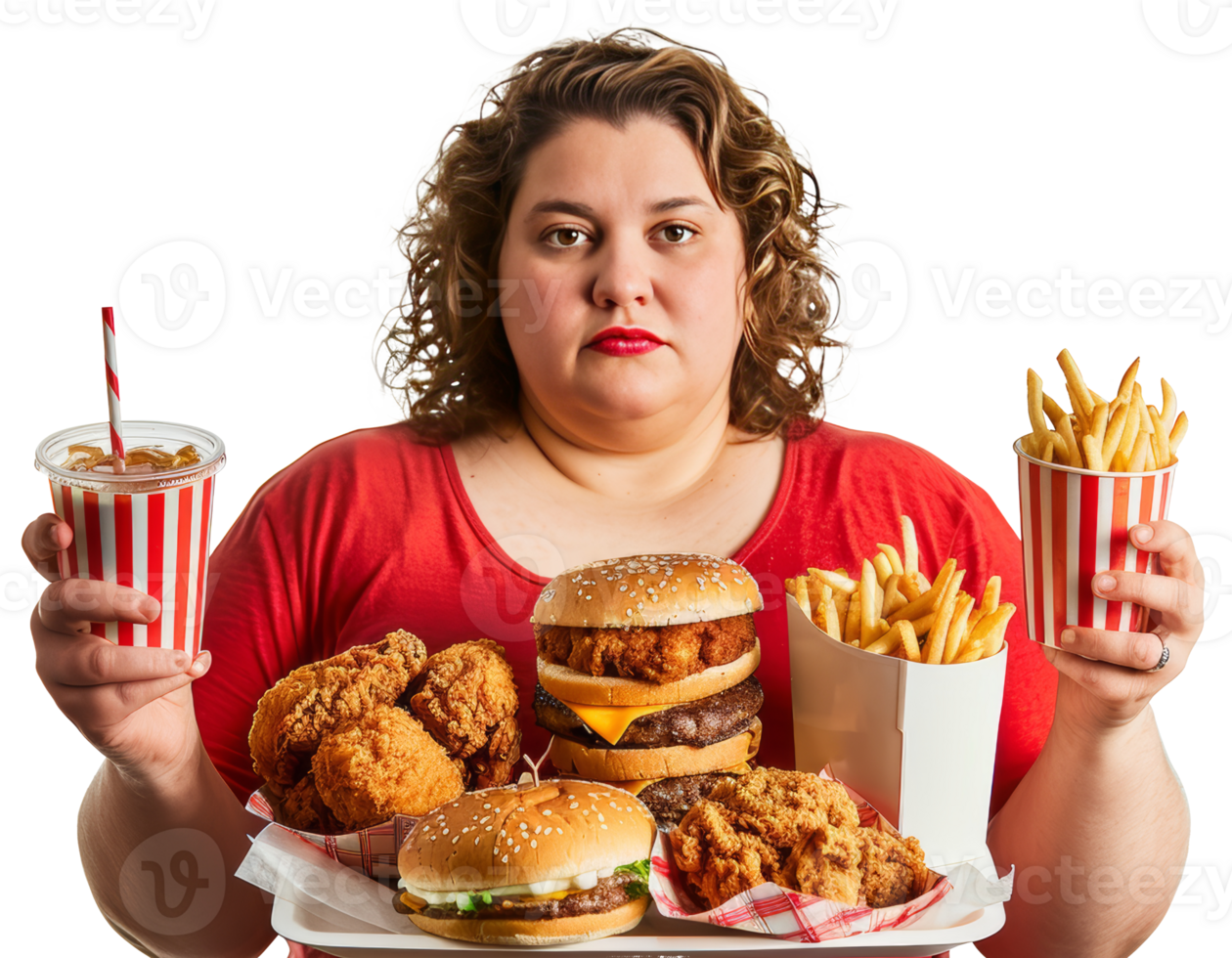 Fat woman holding Junkfood and fizzy drinks, transparent background png