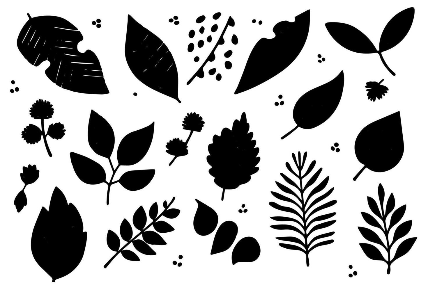 Set of lino cut stamp black leaves and branch imprints on white background. Hand drawn floral elements. vector