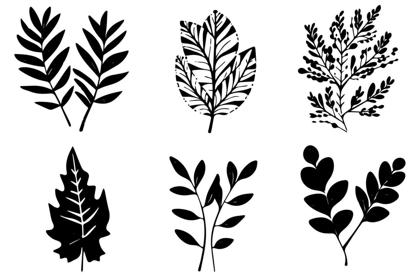 Set of lino cut stamp black leaves and branch imprints on white background. Hand drawn floral elements. vector