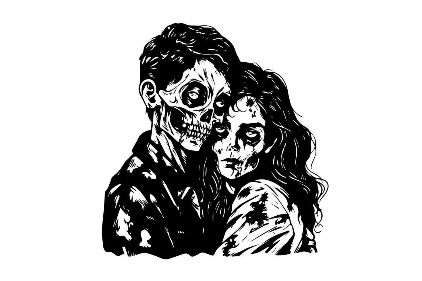 Zombie love match pair hand drawn ink sketch. Woman and man zombies. Engraved style illustration. vector