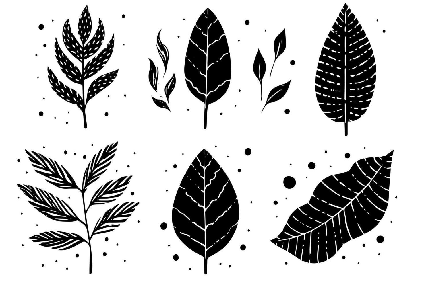 Set of lino cut stamp black leaves and branch imprints on white background. Hand drawn floral elements. vector