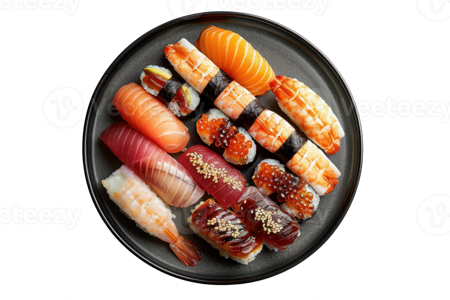 A variety of sushi rolls and nigiri on a black plate. The sushi is arranged in a pleasing pattern and the image is perfect for a restaurant menu or website. png