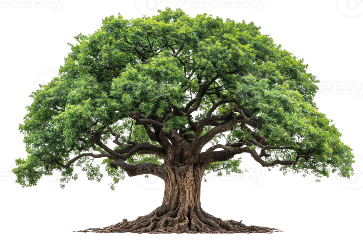 A large, green tree with sprawling branches stands tall. Its leaves are lush and vibrant, signifying life and growth. png