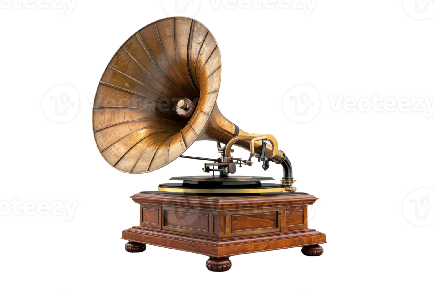 A vintage gramophone with a large horn, wooden base, and intricate details. png