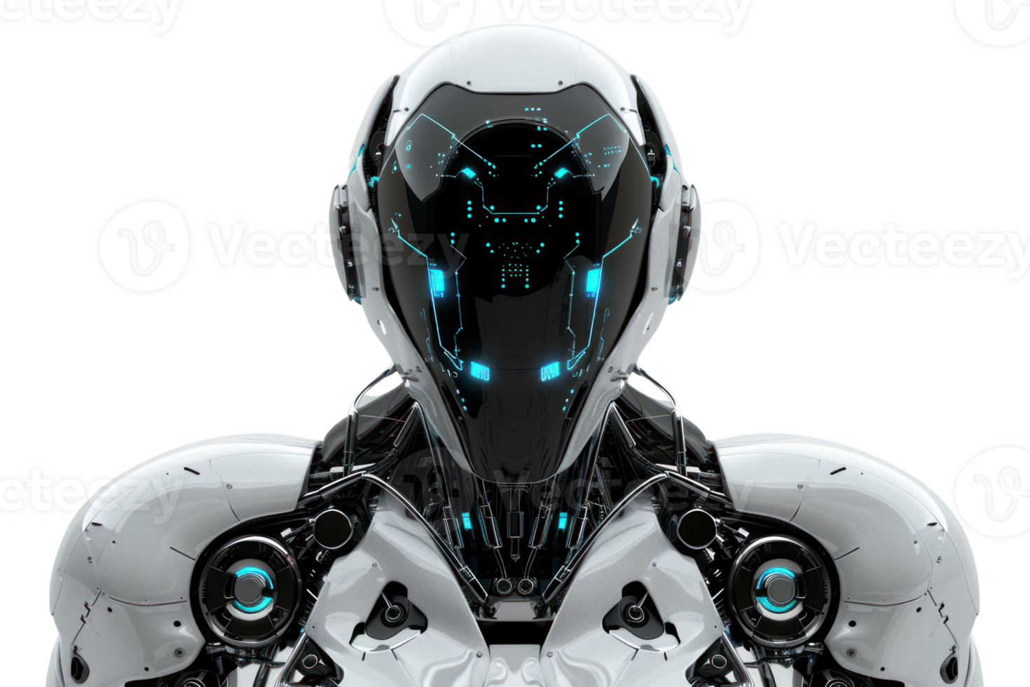 A futuristic robot with a white and black helmet and glowing blue eyes ...