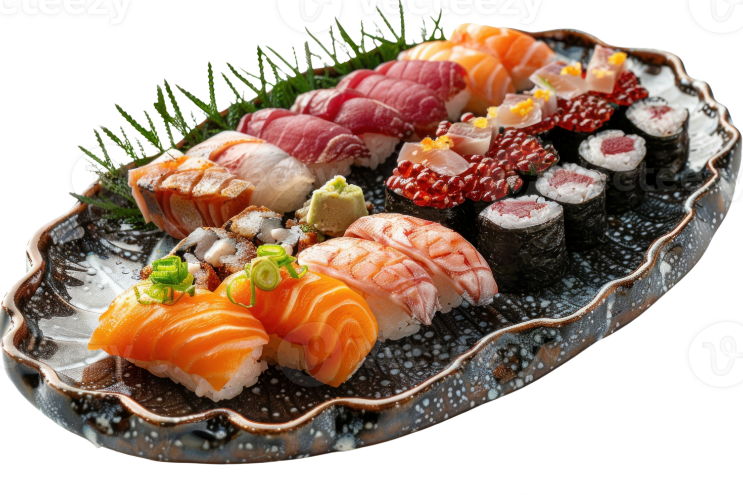 A platter of assorted sushi, including nigiri, maki, and sashimi, arranged on a decorative plate. png