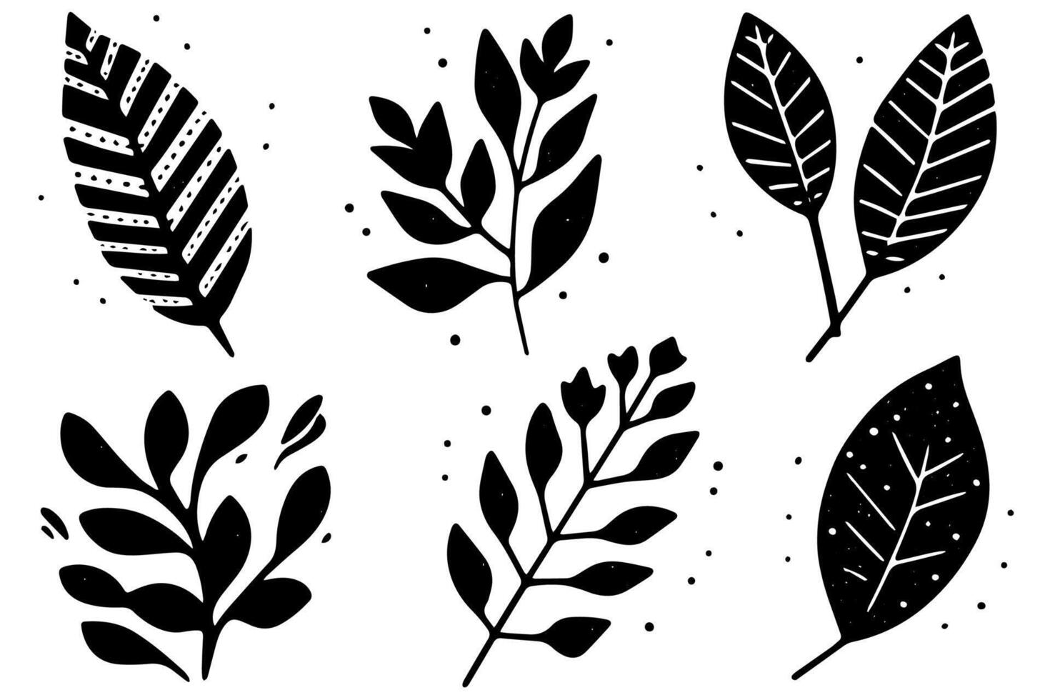 Set of lino cut stamp black leaves and branch imprints on white background. Hand drawn floral elements. vector