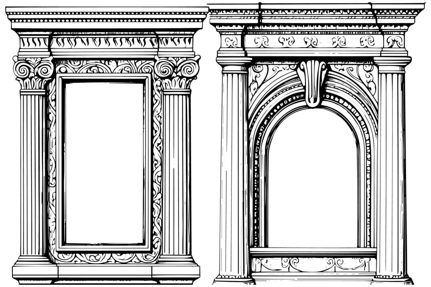 Vintage Architectural Frames Baroque and Gothic Arch Designs in Detailed Sketches. vector