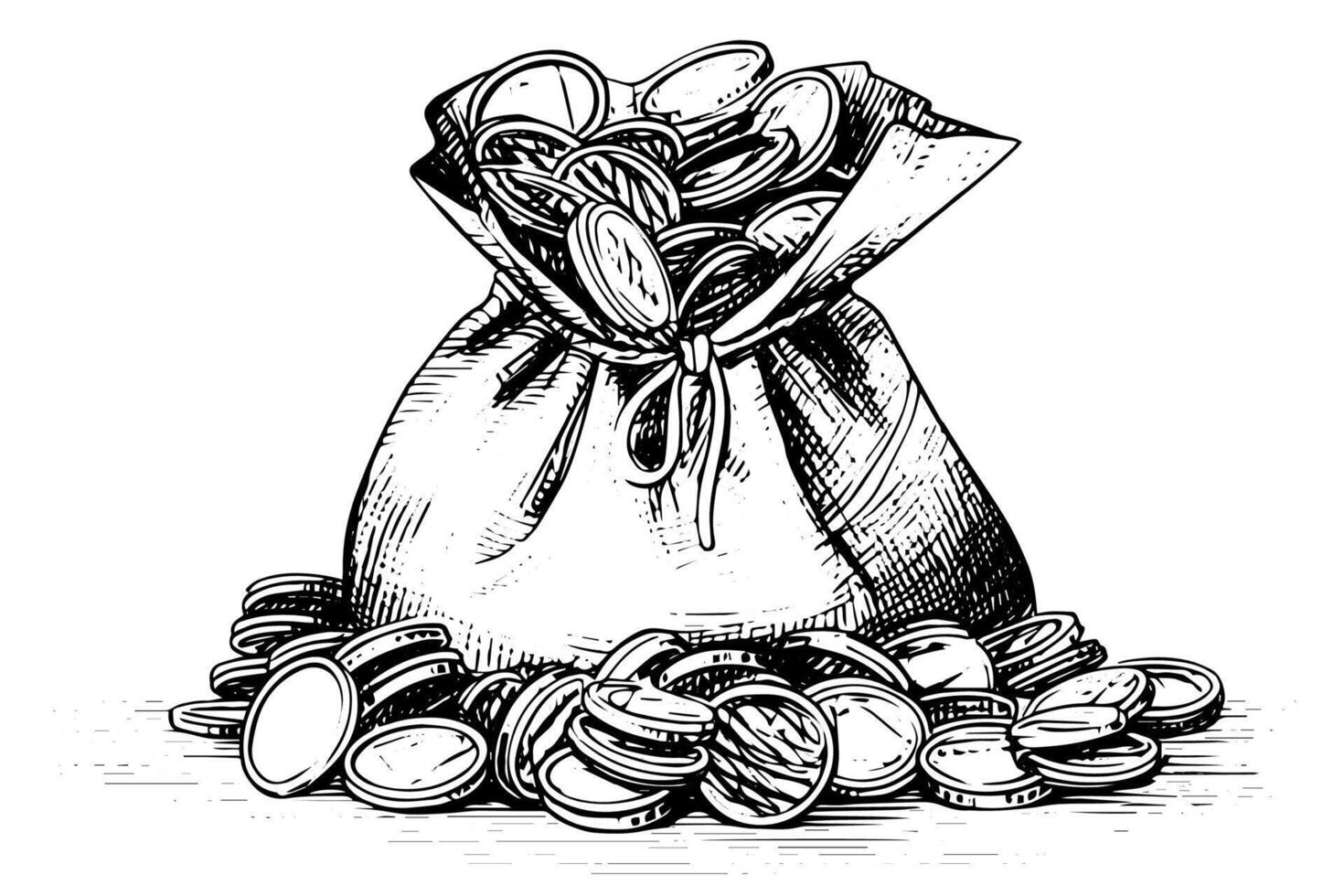 Vintage bag full of money coins hand drawn ink sketch. Engraving style illustration. vector