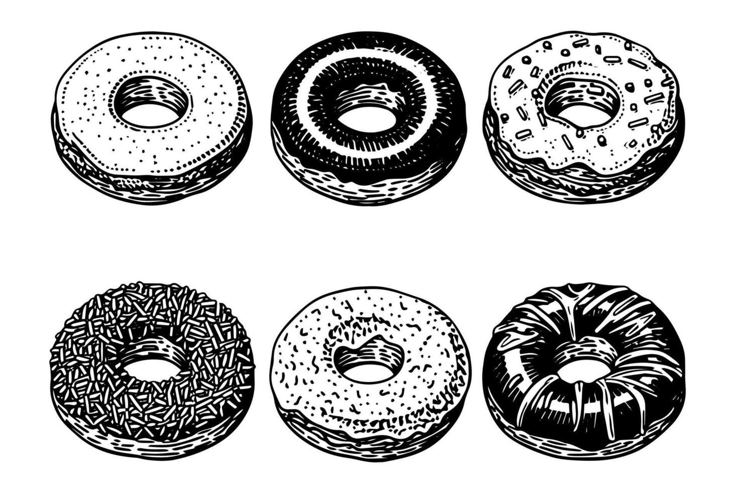 Set of tasty donuts engraving style. Hand drawn ink sketch illustration. vector