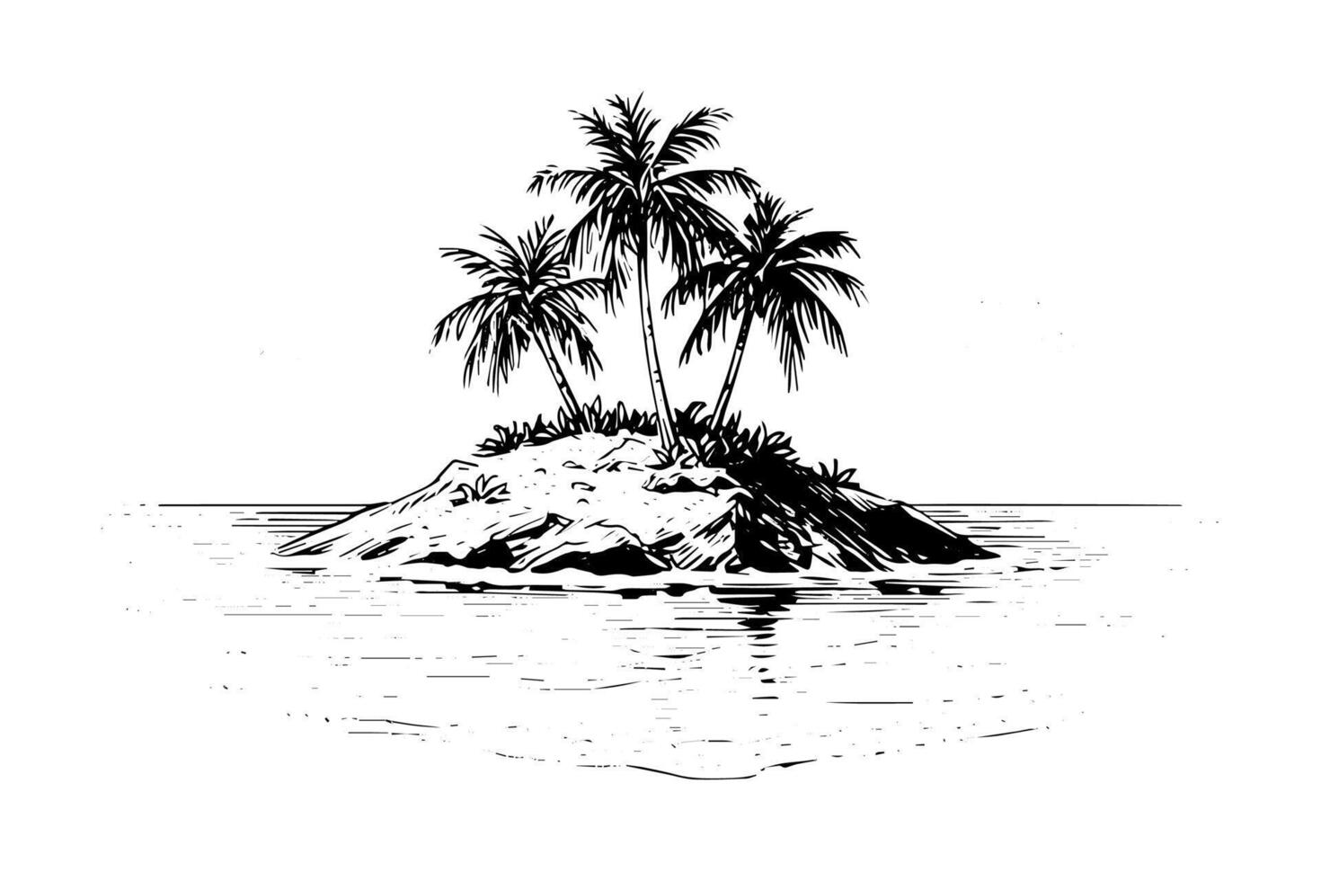 Islands with palms landscape hand drawn ink sketch. Engraving style illustration. vector