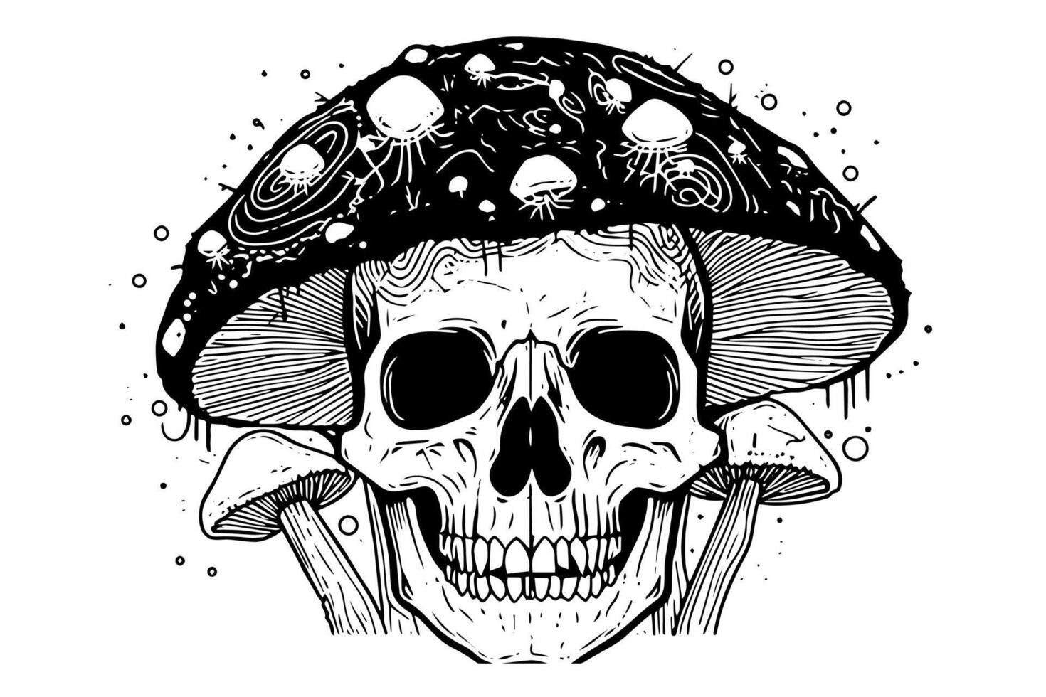 Mushroom skull hand drawn ink sketch. Engraved style illustration. vector