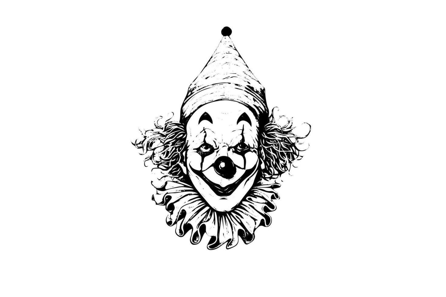 Creepy clown head hand drawn ink sketch. Engraved style illustration. vector