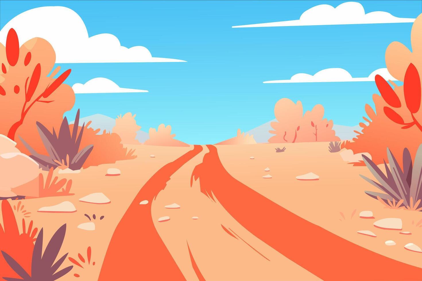 illustration of desert landscape with road, in cartoon flat style. vector
