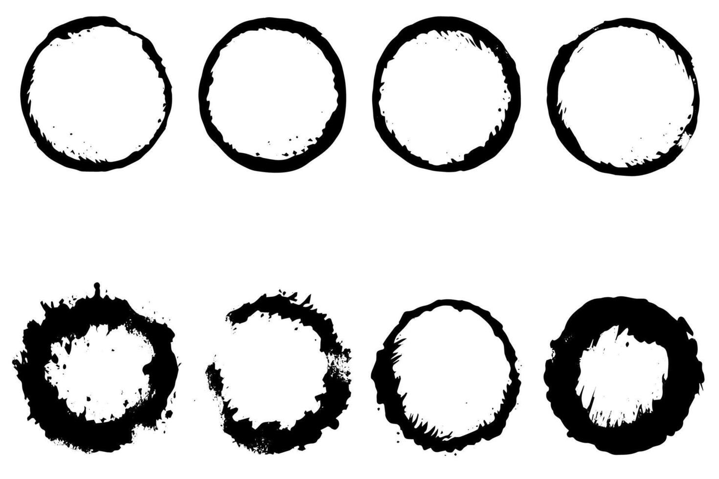 Black shapes of wine circle and coffee ring stains. Dirty splashes and spots Hand drawn tea or ink ring stains on white background. vector