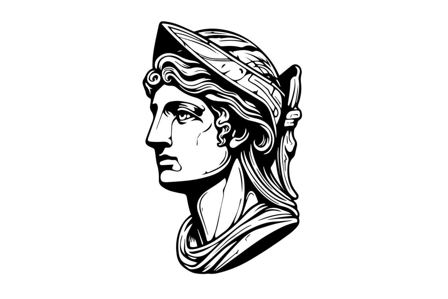 Hermes head hand drawn ink sketch. Engraved style illustration. vector