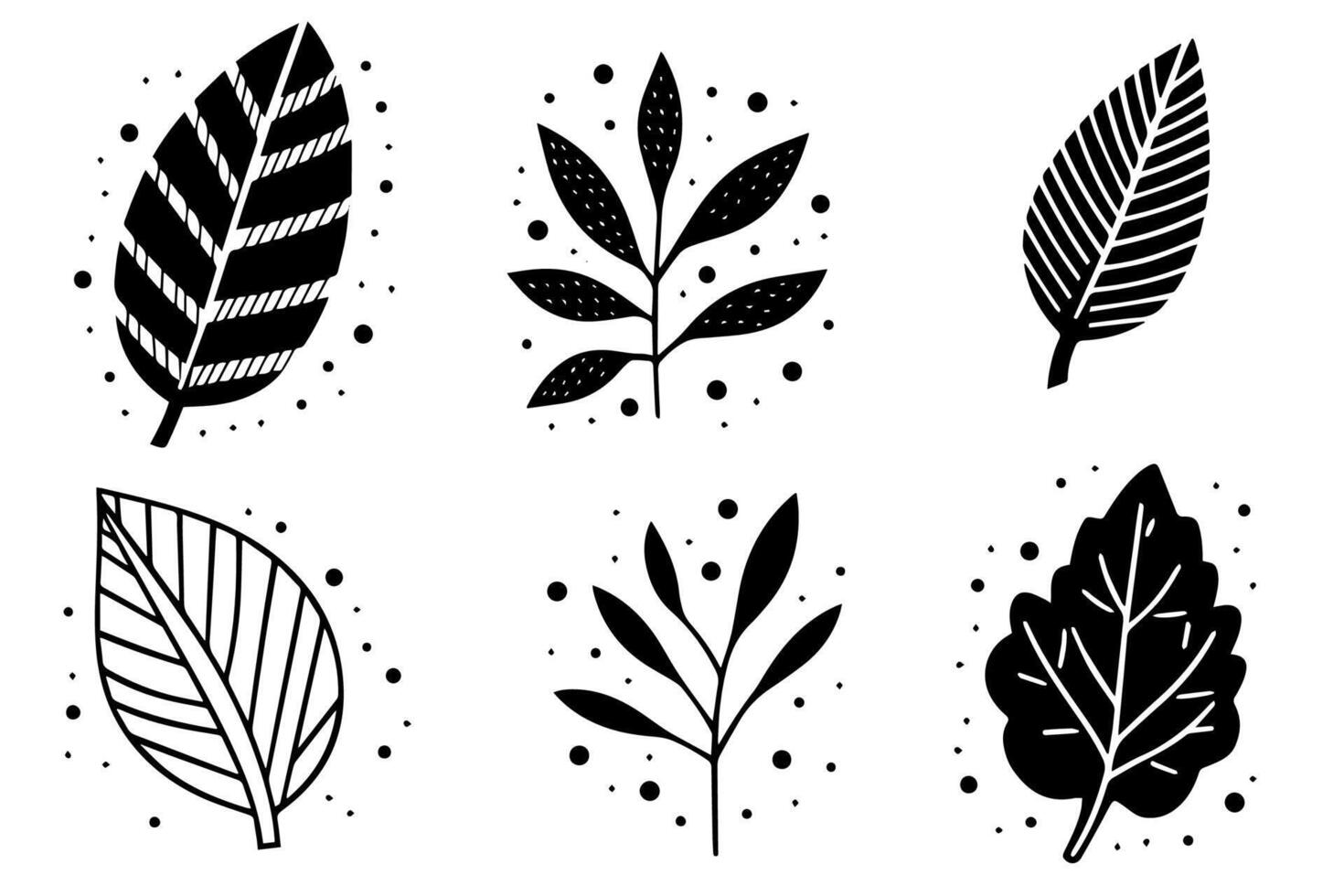 Set of lino cut stamp black leaves and branch imprints on white background. Hand drawn floral elements. vector