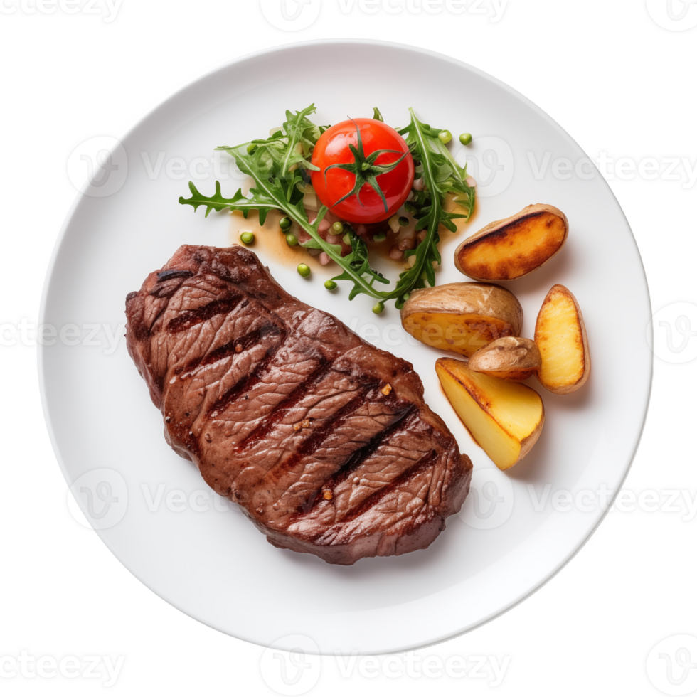 A professionally presented plate with a grilled steak, roasted potatoes, and a tomato salad png