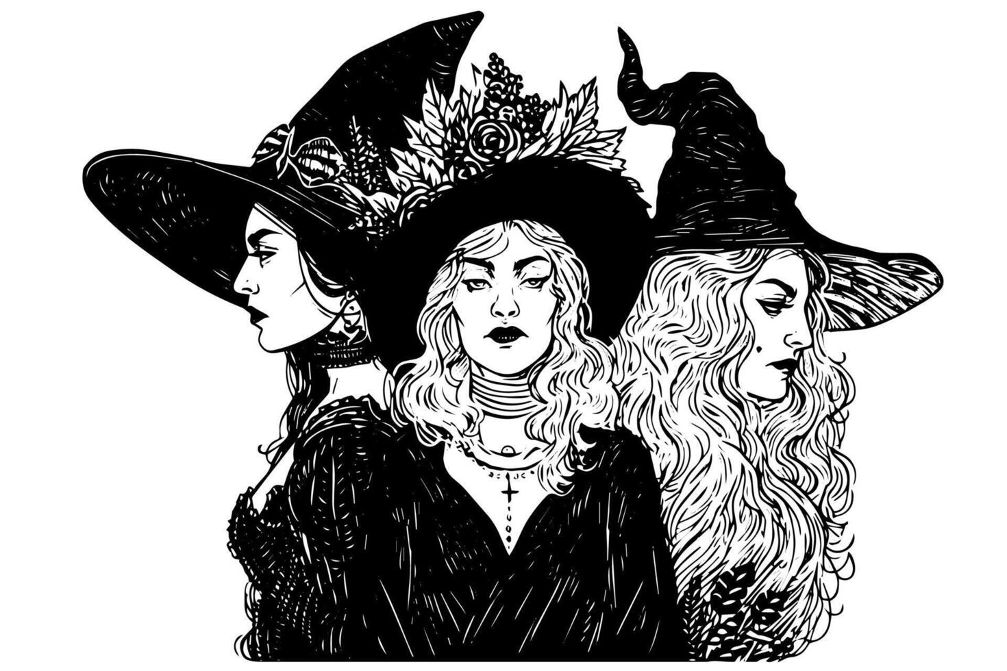 Witch halloween woman hand drawn ink sketch. Engraving style illustration vector