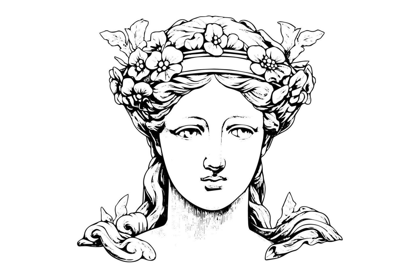 Statue head of greek sculpture hand drawn engraving style sketch. illustration. Image for print, tattoo, and your design. vector