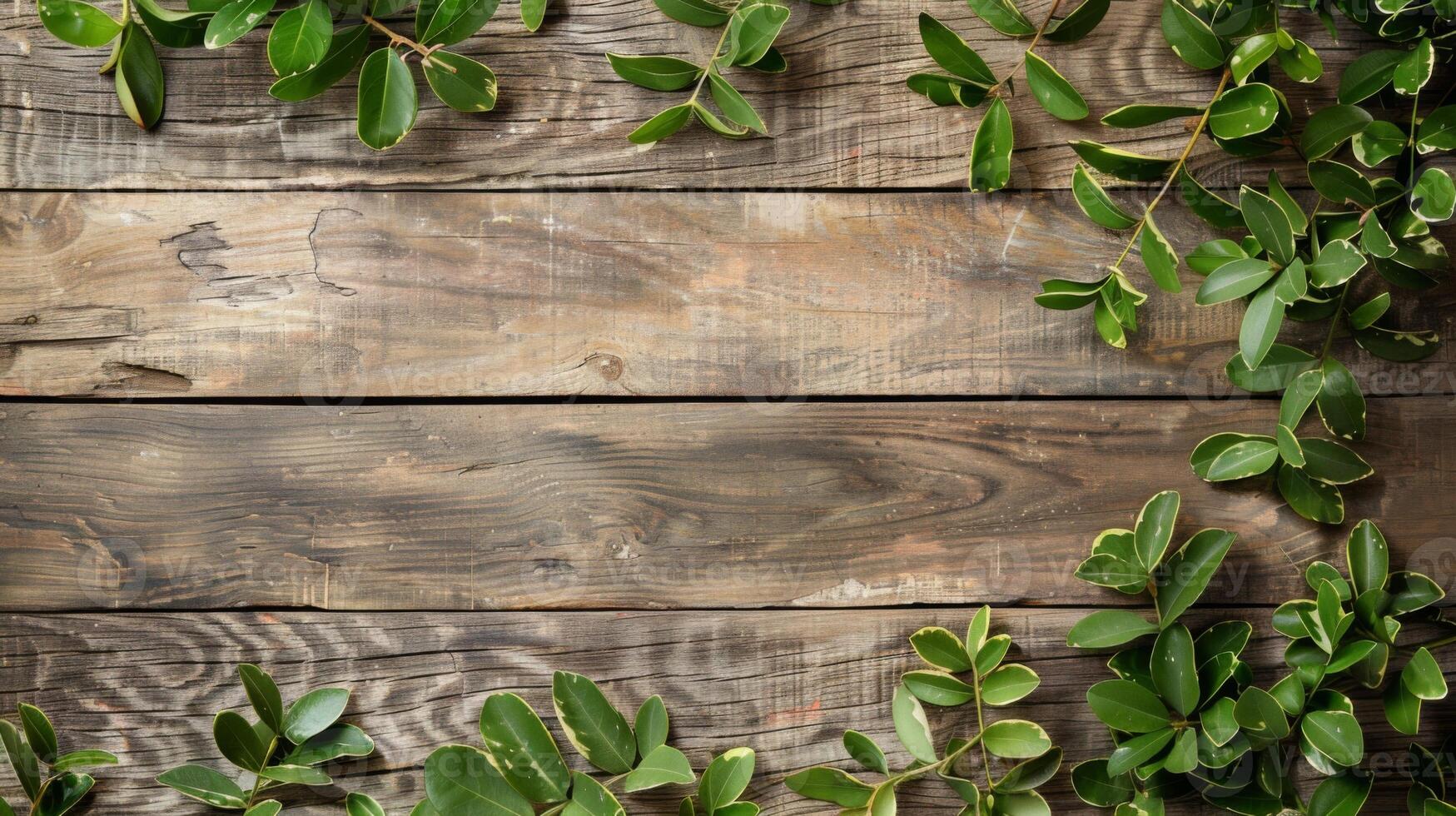 Wooden Background With Green Leaves. AI-generated photo
