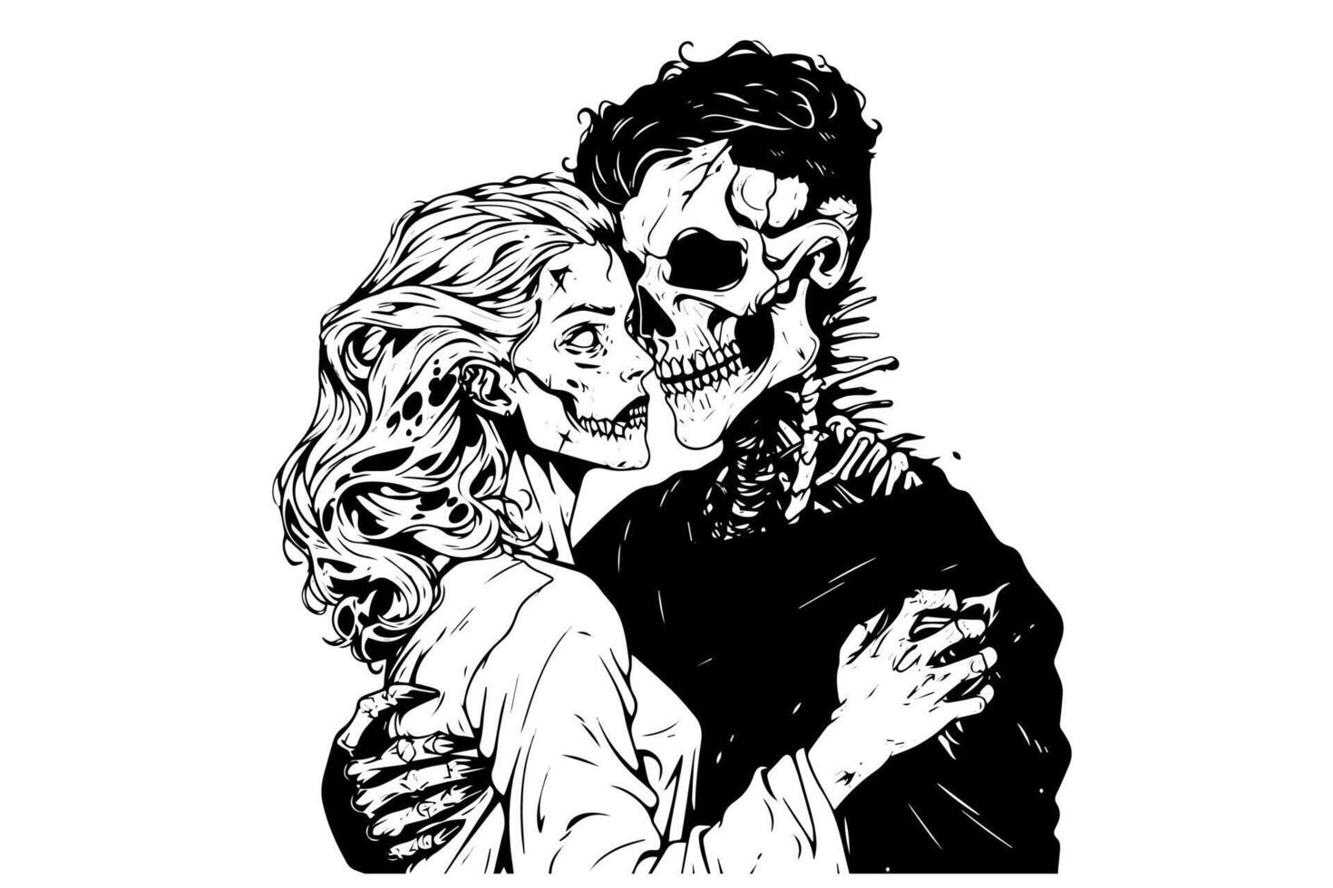 Zombie love match pair hand drawn ink sketch. Woman and man zombies. Engraved style illustration. vector