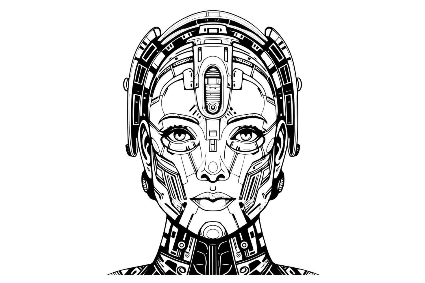 Hand-Drawn AI Robot Cyborg in a Timeless Vintage Engraved Style. Illustration. vector