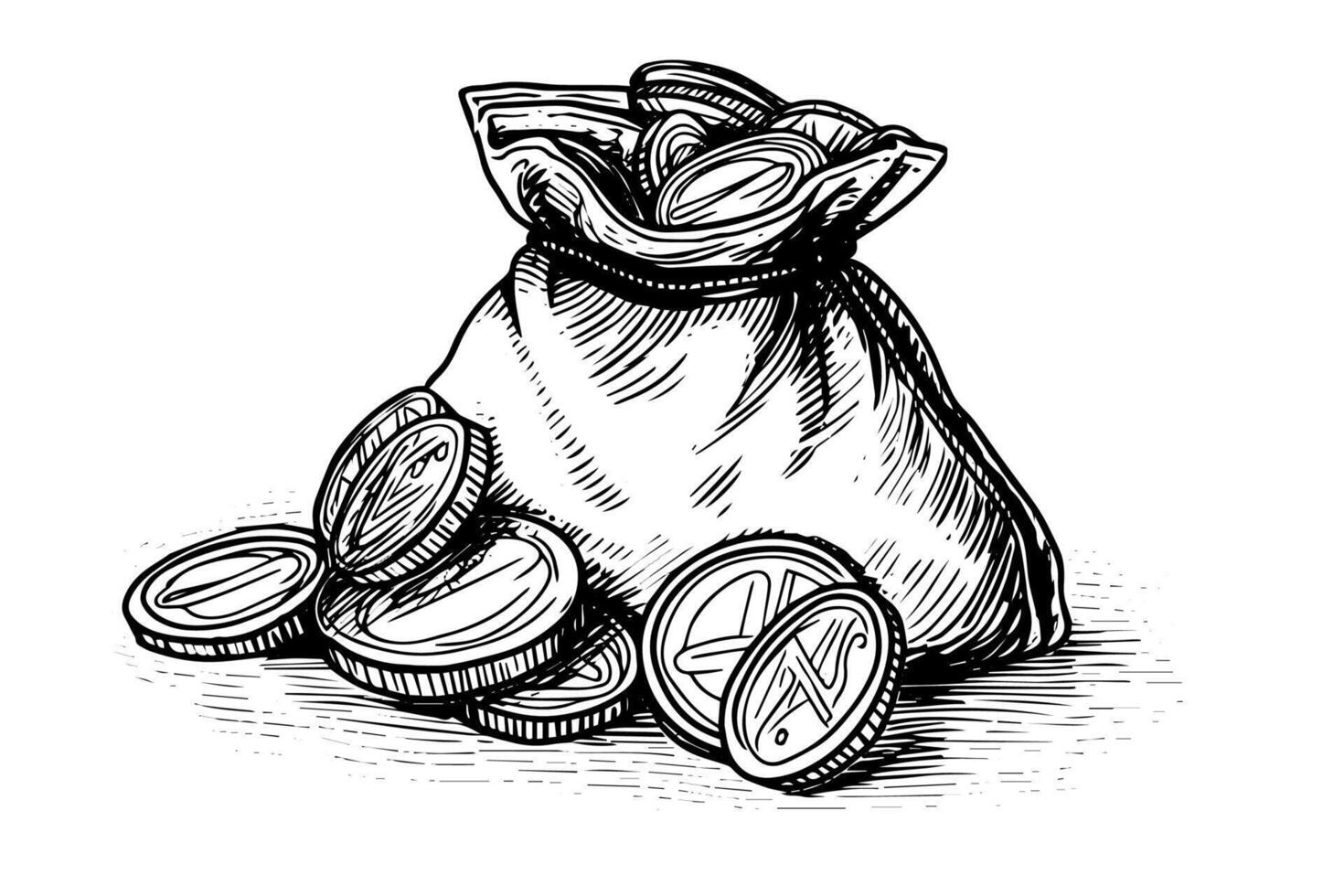 Vintage bag full of money coins hand drawn ink sketch. Engraving style illustration. vector
