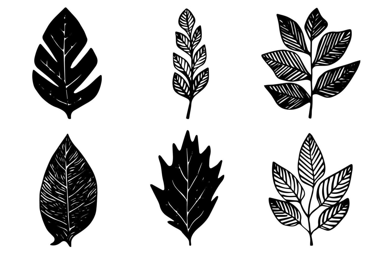 Set of lino cut stamp black leaves and branch imprints on white background. Hand drawn floral elements. vector